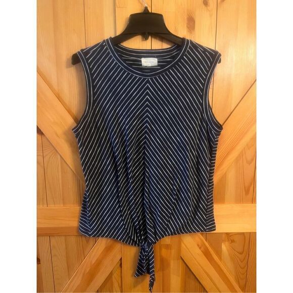 Mello day Striped White & Navy Blue Pullover Front Tie blouse Size large (3292) - Picture 1 of 4